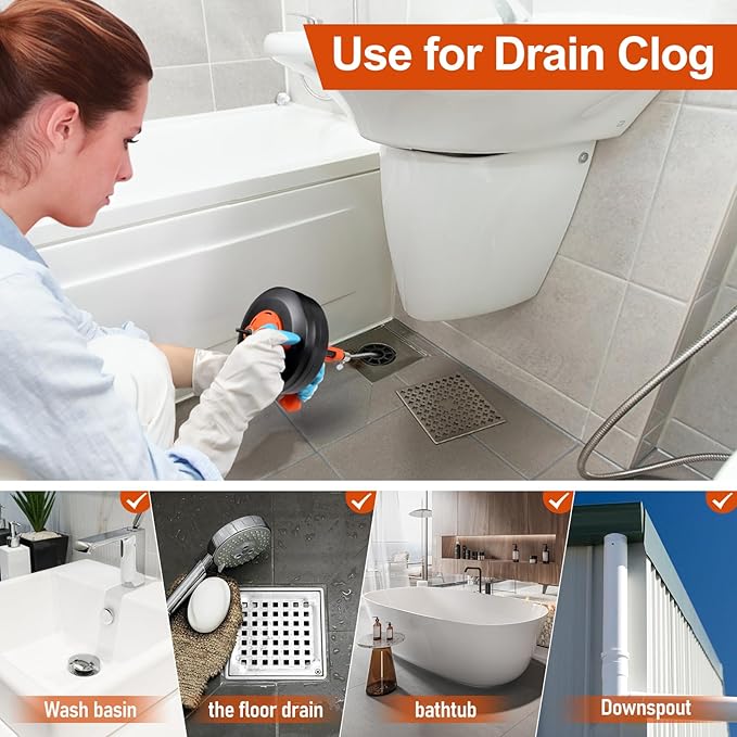 KINGLEV Drain Snake, 50ft Flexible Steel Drain Auger With Drill Adapter, Heavy Duty Sink Plumbing Unblocking Hand Auger, Manual Or Powered for Shower & Bathtub Clogs-No auto retract or feed