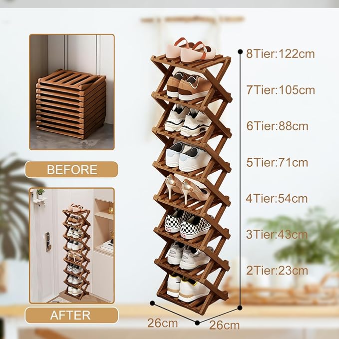 Comeon Bamboo Shoe Rack, Foldable Vertical Shoe Rack for Front Door Entrance Narrow Shoe Organizer Small Shoe Shelf for Entryway Shoe Storage Closet Multi-Tier (Brown Colors,7 Layers)