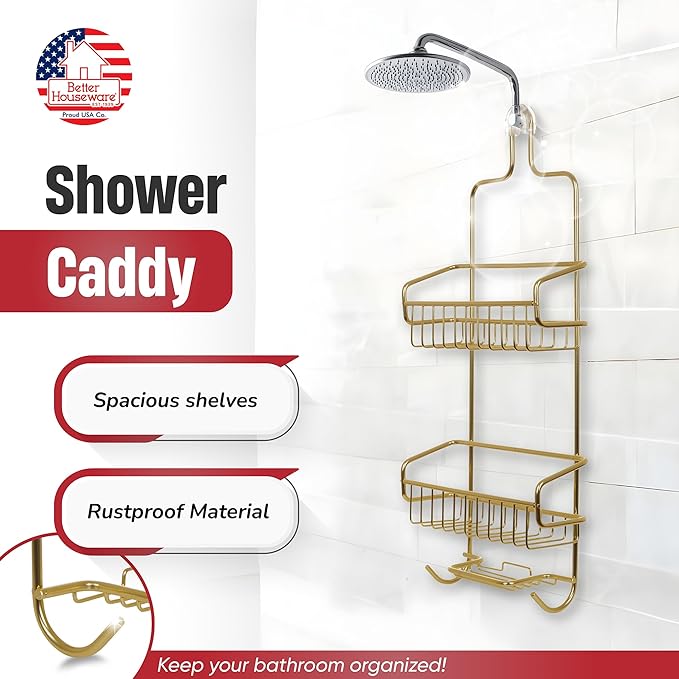 Better Houseware Over the Shower Head Caddy, Rustproof Shower Head Organizer with Hooks & Shelves, Hanging Shower Caddy for Shampoo, Conditioner & Soap, Aluminum Bathroom Rack, Gold