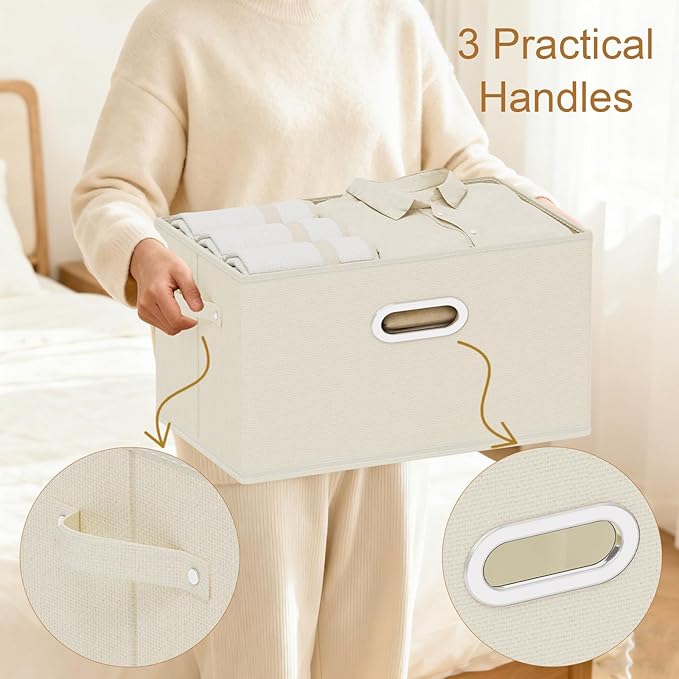 Foldable Cloth Basket with 4 Handles, Decorative Open Storage Boxes, Stackable Cube Organization, Fabric Bins for Shelves, Closet, Living Room, 13x9.1x7.9in, Beige, 2 Pack
