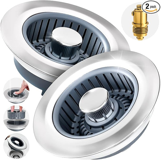 zaa 2 Pack Sink Drain Strainer, Sink Stopper, 3 in 1 Stainless Steel Kitchen Sink Drain Strainer with Anti-Clogging Basket, Fit US Standard 3-1/2 Inch Drain Hole