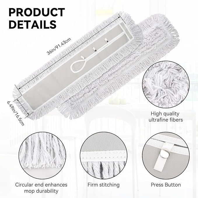 36 Inch Dust Mop Head: Replacement Medium Washable Commercial Mop Head Sweeper and Janitorial Replacement with Botton (White - 36 Inch, 3 Pack, Botton)