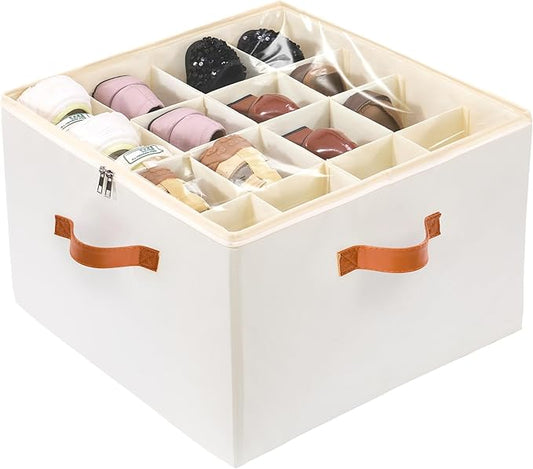 Shoe Organizer for Closet, Shoe Storage Boxes Fits up to 16 Pairs, Foldable Shoe Containers Bins Baskets with Adjustable Dividers and Clear Cover White