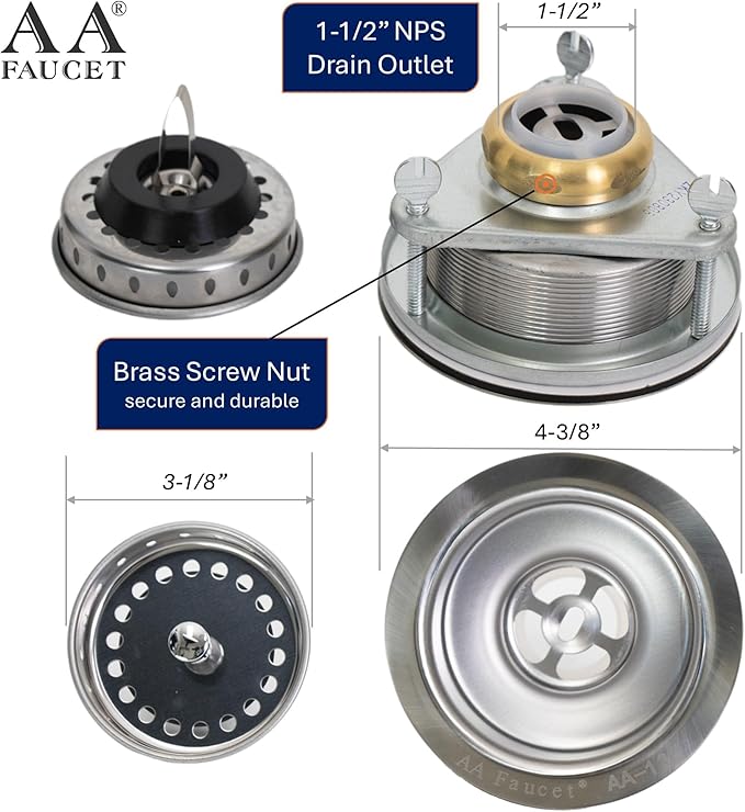 AA-137 3-1/2 Inch Stainless Steel Commercial Compartment Sink Drain Strainer Kit with Removable Strainer Basket Stopper and Brass Screw Nut
