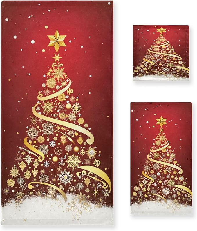 Pfrewn Golden Snowflakes Christmas Tree Forest Towels Set of 3 Winter Red Snowy Christmas Bathroom Towel Soft Absorbent Bath Hand Towels Washcloth Guest Towel Sets Xmas Holiday Decor