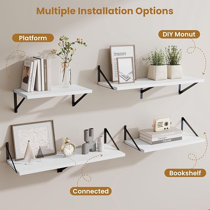 Deep Floating Shelves,55" Wx10 D Wood Wall Shelves Set of 2,Long Wood Floating Shelf with Metal Brackets,Floating Bookshelf for Living Room,Kitchen,Office,Bedroom,Decor Storage,White