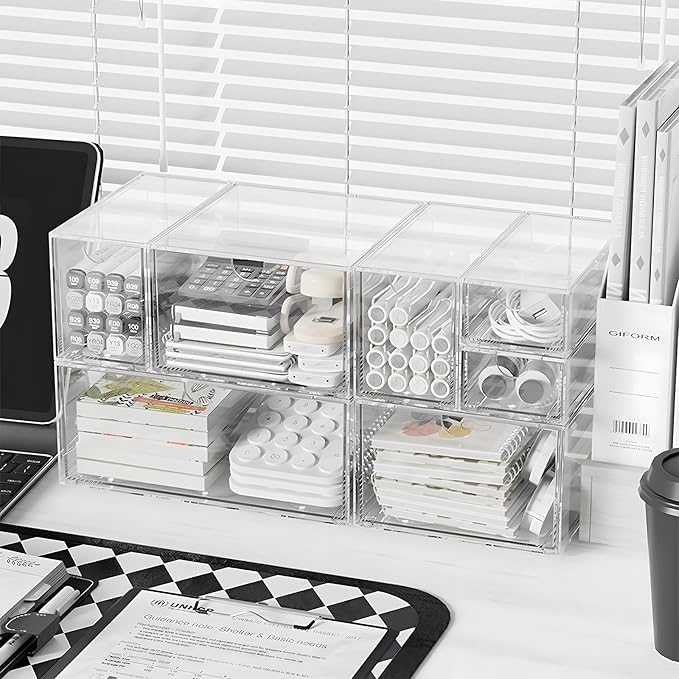 Desk Organizers, Makeup Organizer Storage, Desktop Office Supplies, Clear Desk Accessories, Dustproof Drawer Organizer and Storage for Make Up, Jewelry, Pen, Desktop Stationary (6 Drawers)
