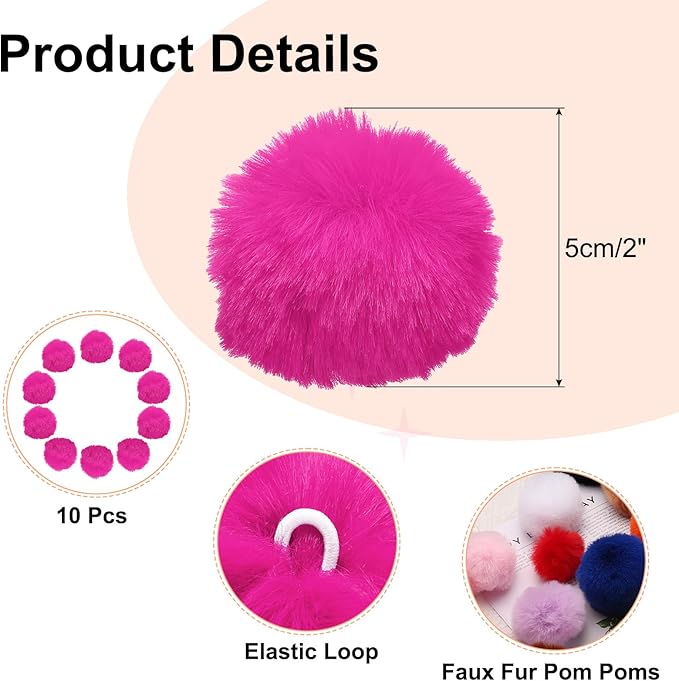 uxcell 2 Inch Faux Fur Pom Pom Balls, 10 Pcs Rose Red Fluffy Soft Faux Fur Pom Poms for Hats with Elastic Loop for DIY Knitting Hats Keychain Scarves Gloves Bags Shoes Accessories