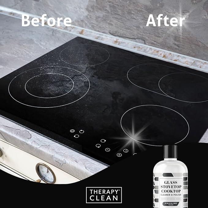 Therapy Glass Cooktop Cleaner Kit - 16oz with Scraper & 3 Non-Scratch Pads - For Electric, Induction, Ceramic & Gas Stove Top - Heavy Duty Flat Top Stove Cleaner & Polish