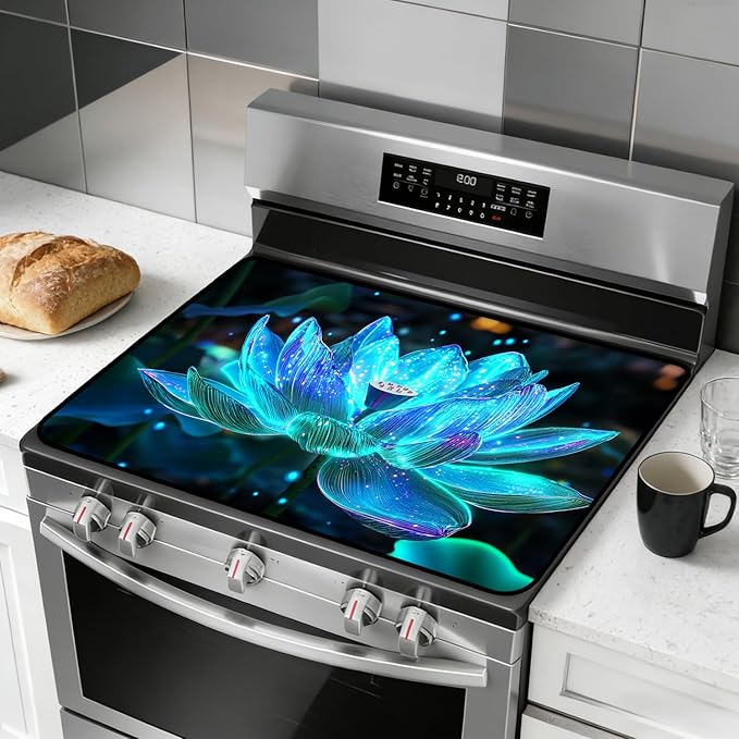Glass Stove Top Covers for Electric Stove, Heat Resistant Counter Protector Mat, Non Slip Waterproof Surface Cover for Kitchen Counter and Cooktop (Glowing Blue Lotus, 28"L x 20"W)