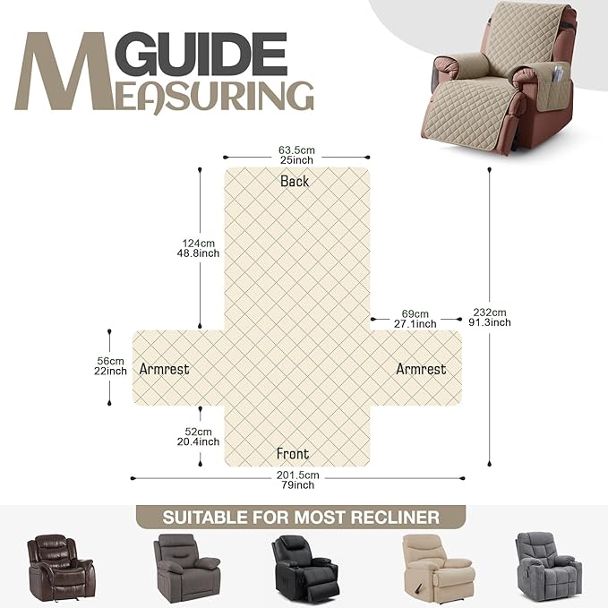 KinCam 100% Waterproof Recliner Chair Cover, Reclining Couch Covers for Pets, Dogs, Recliner Couch Slipcover Furniture Protector with Elastic Straps for Kids(25", Khaki)