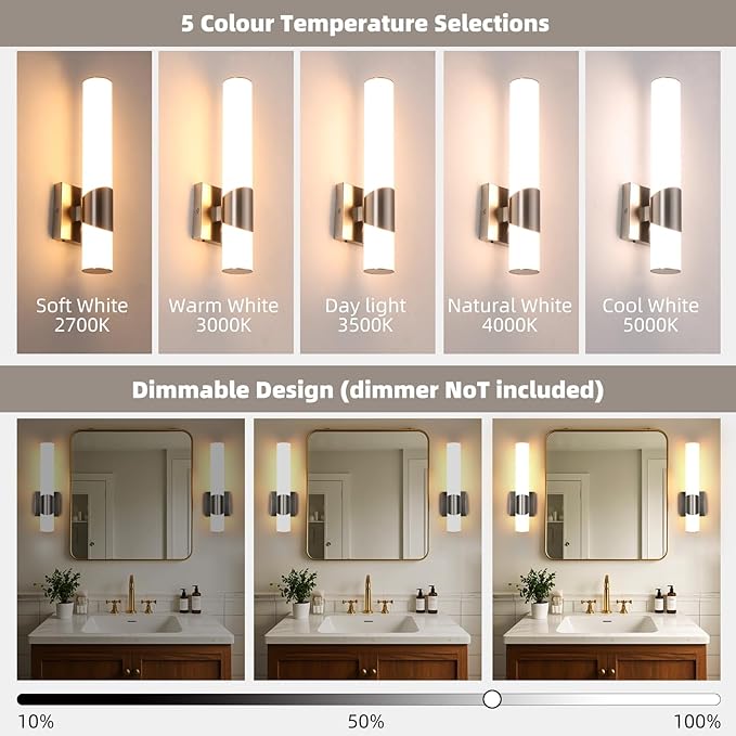 Wall Sconces Set of Two Brushed Nickel 5CCT Dimmable Bathroom Sconce with Acrylic Shade LED Hardwired Wall Light Fixtures for Bathroom Living Room Bedroom Hallway, 2 Pack
