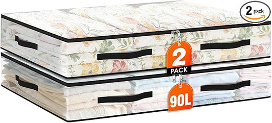 2 Pack Under Bed Storage Bags, 90L Foldable Clear Storage Containers with Handles, Dual Zippers for Comforter, Clothes, Bedding, Linen Sheets, Sweaters, Blanket Storage