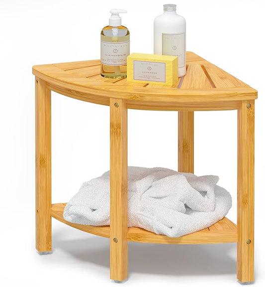 Bamboo Corner Shower Bench Waterproof Stool with Space-Efficient Storage Shelf - Shower Stool Seat for Indoor or Outdoor Use
