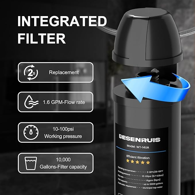 WT-14UA Replacement Filter Cartridge for 14UAF, Reduces 99.99% Chlorine, Bad Taste & Odor, Under Counter Water Filter Direct Connect to Kitchen Faucet, 10000 Gallons High Capacity, By DESENRUIS