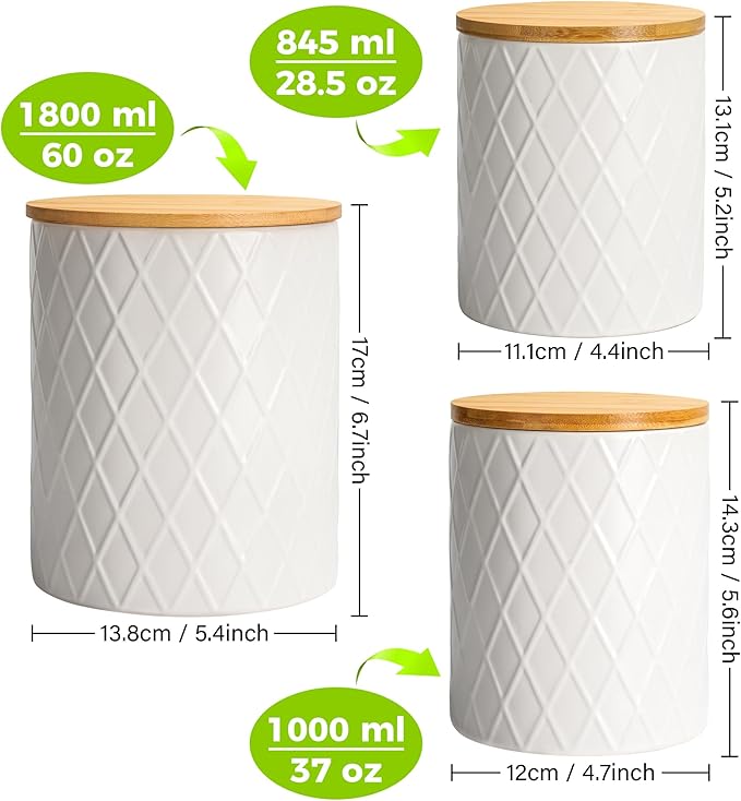 MIAMIO – Set of 3 Canister Sets for Kitchen Counter, Ceramic Kitchen Canister Set with Airtight Seal Wooden Lid - Perfect for Coffee, Tea, Sugar, Flour, Tea, Salt and More