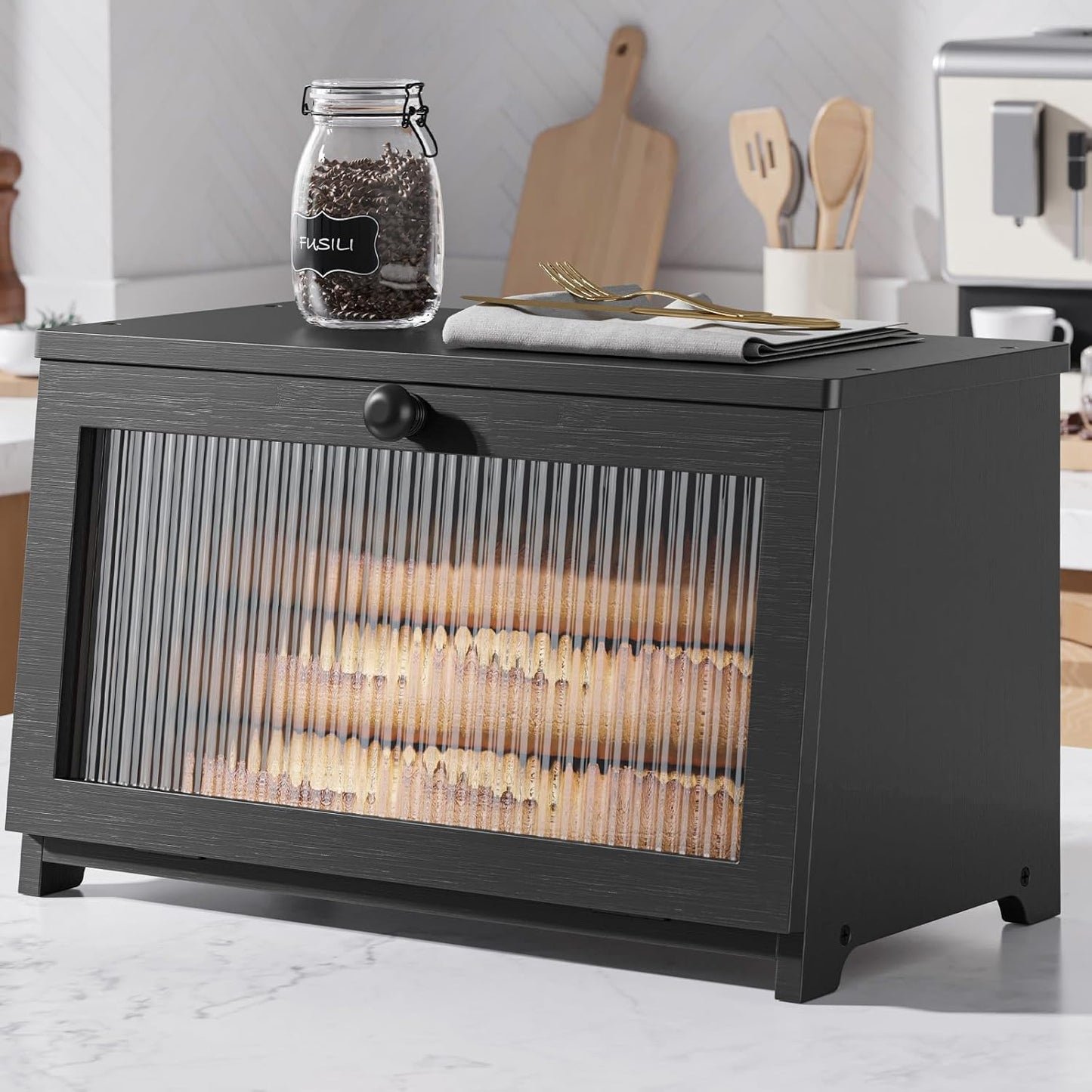 Bread Box — Wooden Bamboo Bread Box for Kitchen Countertop, Large Capacity Organizer with Magnetic Acrylic Window, Black 15.0"×8.3"×9.1"