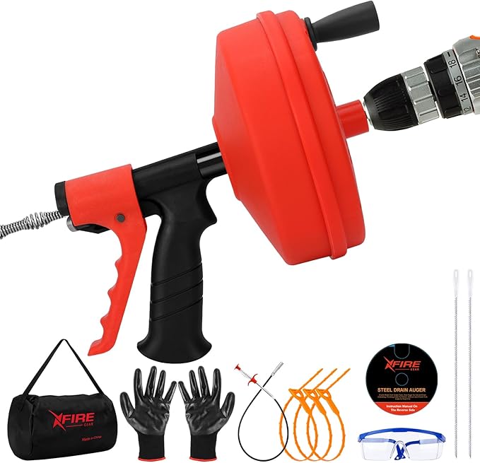 35 FT Double Mode Drain Snake Tools, 11-in-1 Drain Auger for Sink and Drain Unblocking, Plumbing Snake for Kitchen, Bathrom and Shower Sink, Snake for Real DYIs (Red) NEW