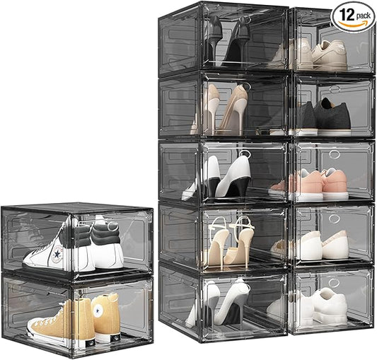 Upgrade Harder Solid Plastic Shoe Organizer with Magnetic Front Door, 12 Pack Shoe Boxes Clear Stackable, Sneaker Storage for Closet, Shoe Display Case, Black