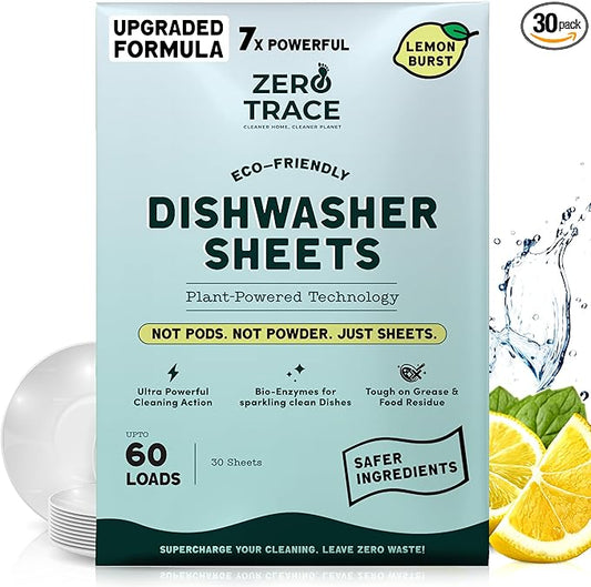 Zero Trace Dishwasher Detergent Eco-Friendly Sheets for Dish Washing - Plant Powered Technology - Lemon Scent - 60 Loads