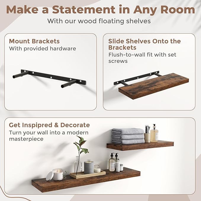 40 Inch Floating Shelves for Wall Set of 2, 8"D Wood Grain Bathroom Shelves with Invisible Brackets, Easy Install Engineered Wood Storage Shelves for Kitchen, Living Room, Bedroom, Rustic Brown Finish