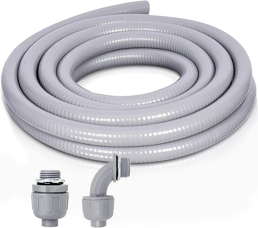 Liquid-Tight Conduit and Connector Kit - 1/2 Inch 5 FT Non Metallic Liquid Tight Electrical Conduit with 1 Straight and 1 Angle Fittings