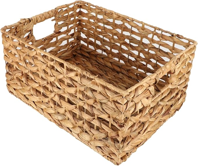 Rectangular Water Hyacinth Storage Basket — Wicker Basket for Organizing with Handle, Decorative Rattan Basket for Bathroom, Bedroom, Shelves & Living Room (Large)