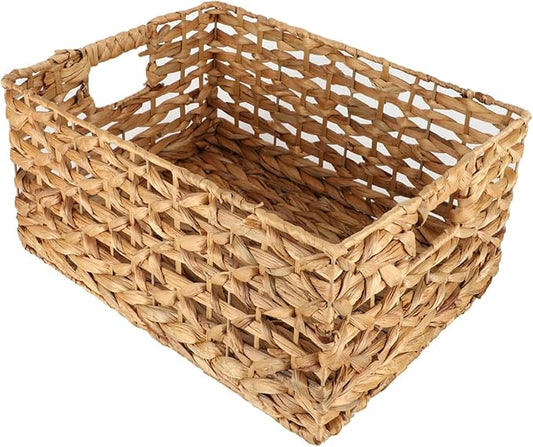 Rectangular Water Hyacinth Storage Basket — Wicker Basket for Organizing with Handle, Decorative Rattan Basket for Bathroom, Bedroom, Shelves & Living Room (Large)