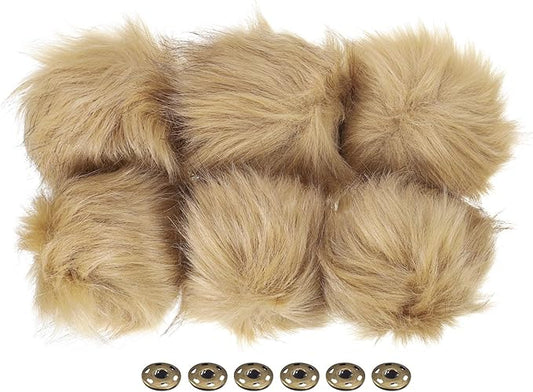 Patikil Faux Fur Pom Poms for Hats, 6 Pcs Fluffy Soft Fur Balls with Snap Button for Keychain Knitting Hats DIY Scarves Gloves Bag Christmas, Khaki
