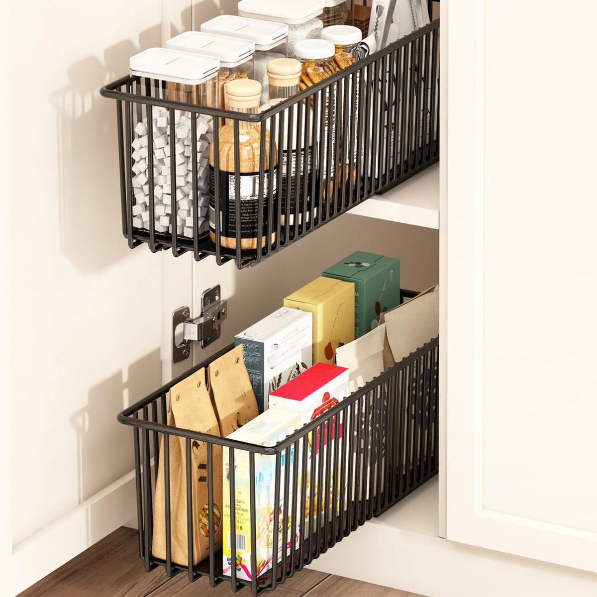 Pull Out Cabinet Organizers 2 Pack, Black Metal Storage Basket - Image 1