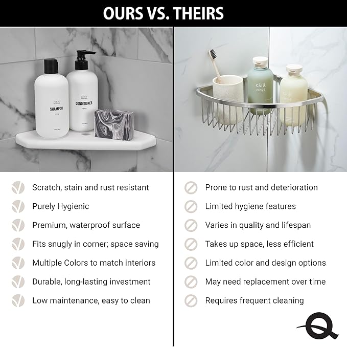 Questech 8" Corner Shower Shelf - Lugged for New Construction, Shower Organizer for Tiled Walls, Corner Caddy Soap Dish Bathroom Storage, Geo Lugged, Sand Matte