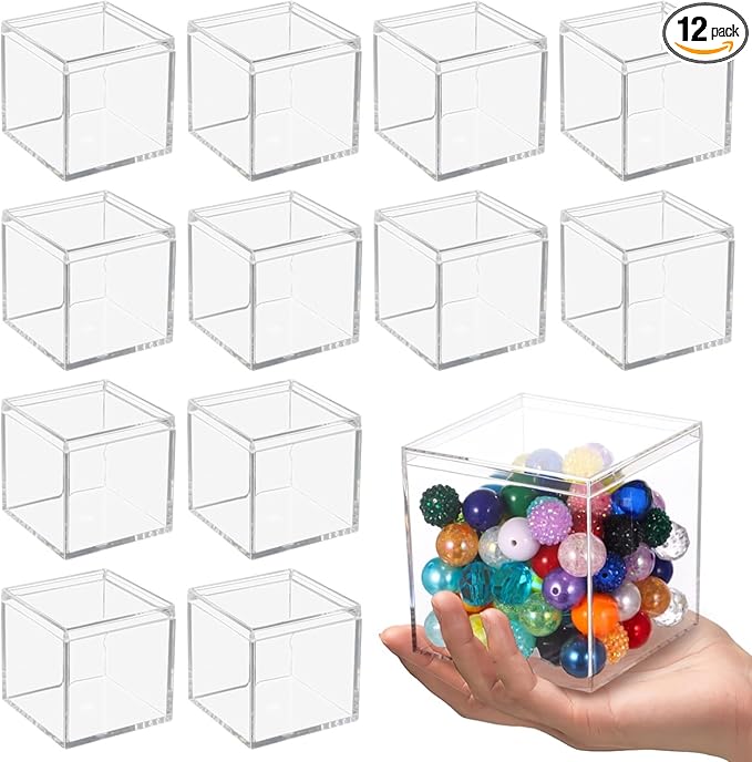 Homaisson 12 PCS Acrylic Square Cube 4 x 4 x 4 Inches, Small Clear Plastic Display Boxes with Lids, Clear Acrylic Storage Square Cube Boxes, Display Case Container for Candy Jewelry Tiny Items