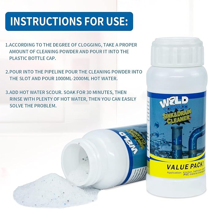 Powerful Fast-Acting Drain Cleaner Powder – Sink and Drain Clog Remover for Kitchen & Toilet Pipes – Deep Cleaning Formula, Fast Foaming, Heavy-Duty Clog Remover