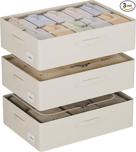 CYhom 3Pcs Under Bed Storage Bins with Metal Frame - Shoe Organizer for Closet with Clear Cover Oxford Fabric Sturdy Underbed Container Foldable Stackable Clothes Organizer (Beige, 23.5x19.7x6.3)