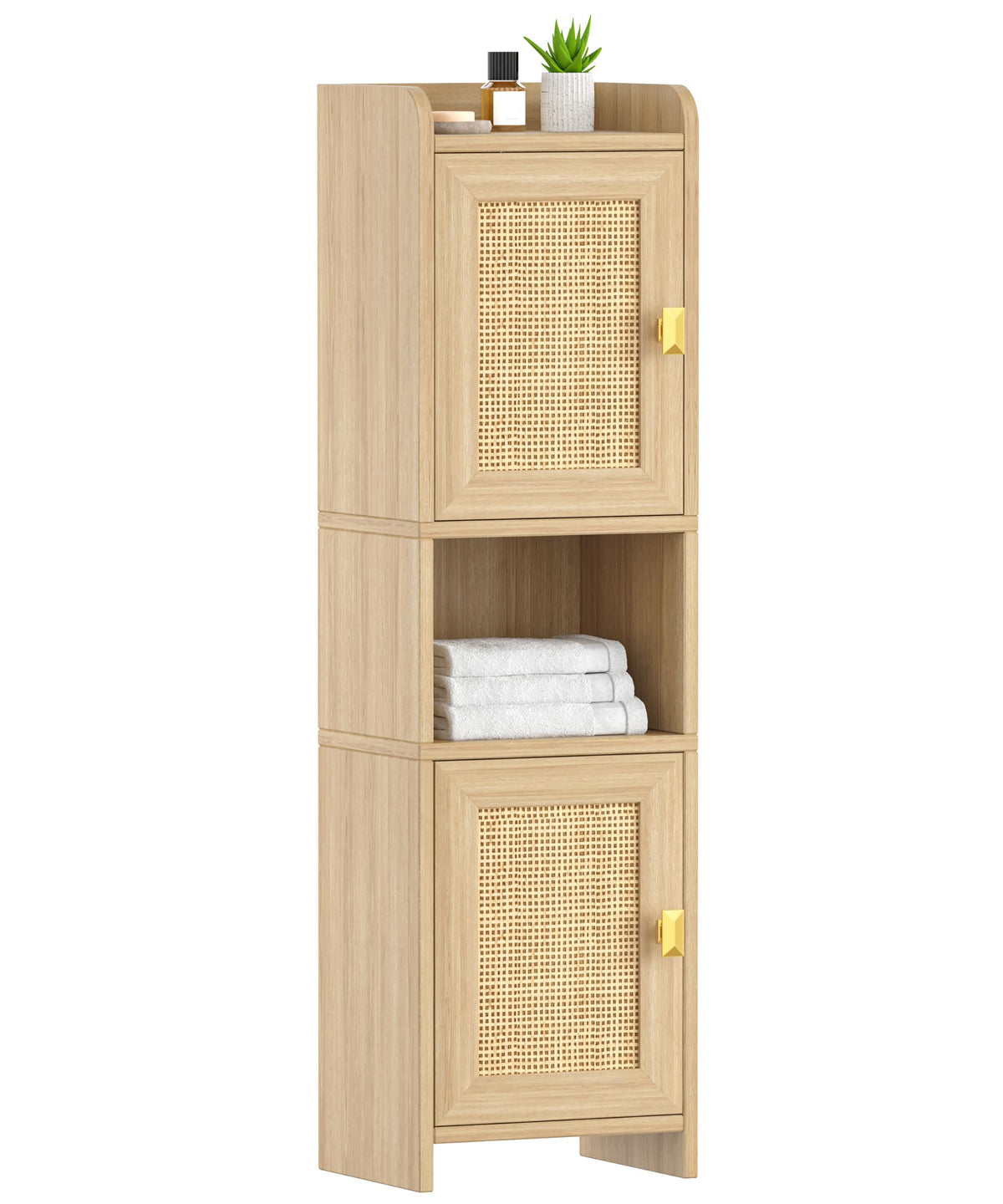 9.8''W Rattan Small Bathroom Storage Cabinet 2 Doors Oak - Image 1