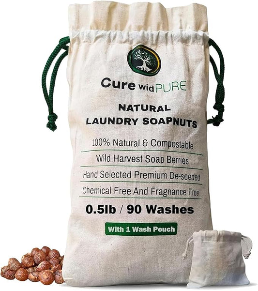 Cure wid Pure Organic Soap Nuts Deseeded 8oz/225g with 1 Wash Bag Approx 90 Loads Eco-friendly Soap Nuts Laundry Detergent,Chemical &Fragrance-free Organic Soap Berries Non-toxic Laundry Detergent