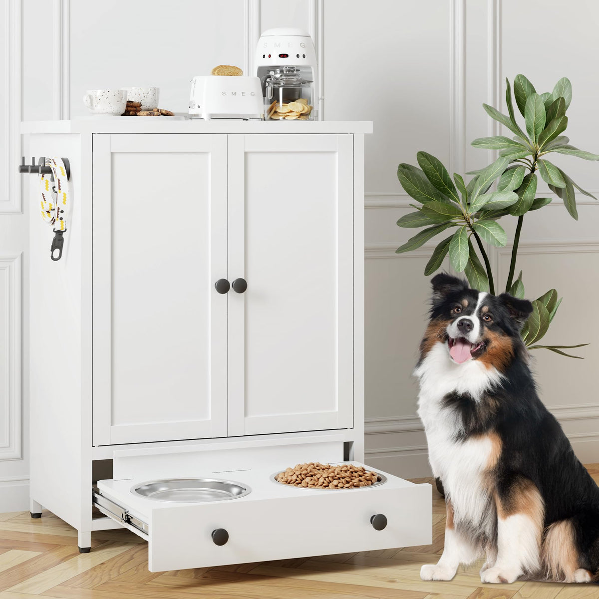 Dog Feeding Station with Storage, Metal Dog Food Storage Cabinet - Image 1