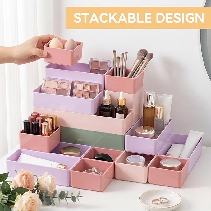 18 Pcs Drawer Organizer Stackable 4 Size Makeup Drawer Organizer Trays Acrylic Bathroom Vanity Storage Bins for Cosmetic, Jewelries, Office Supply, Kitchen Utensils(Multicolor,Glossy)