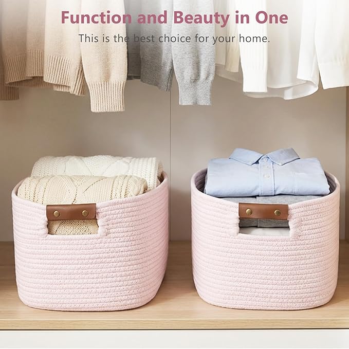 Cotton Rope Basket, Storage Baskets with Handle, 15x10x9 Inch Woven Basket for Shelves, Laundry, Towels, Clothes, Books (Light/Pink 3Pack)