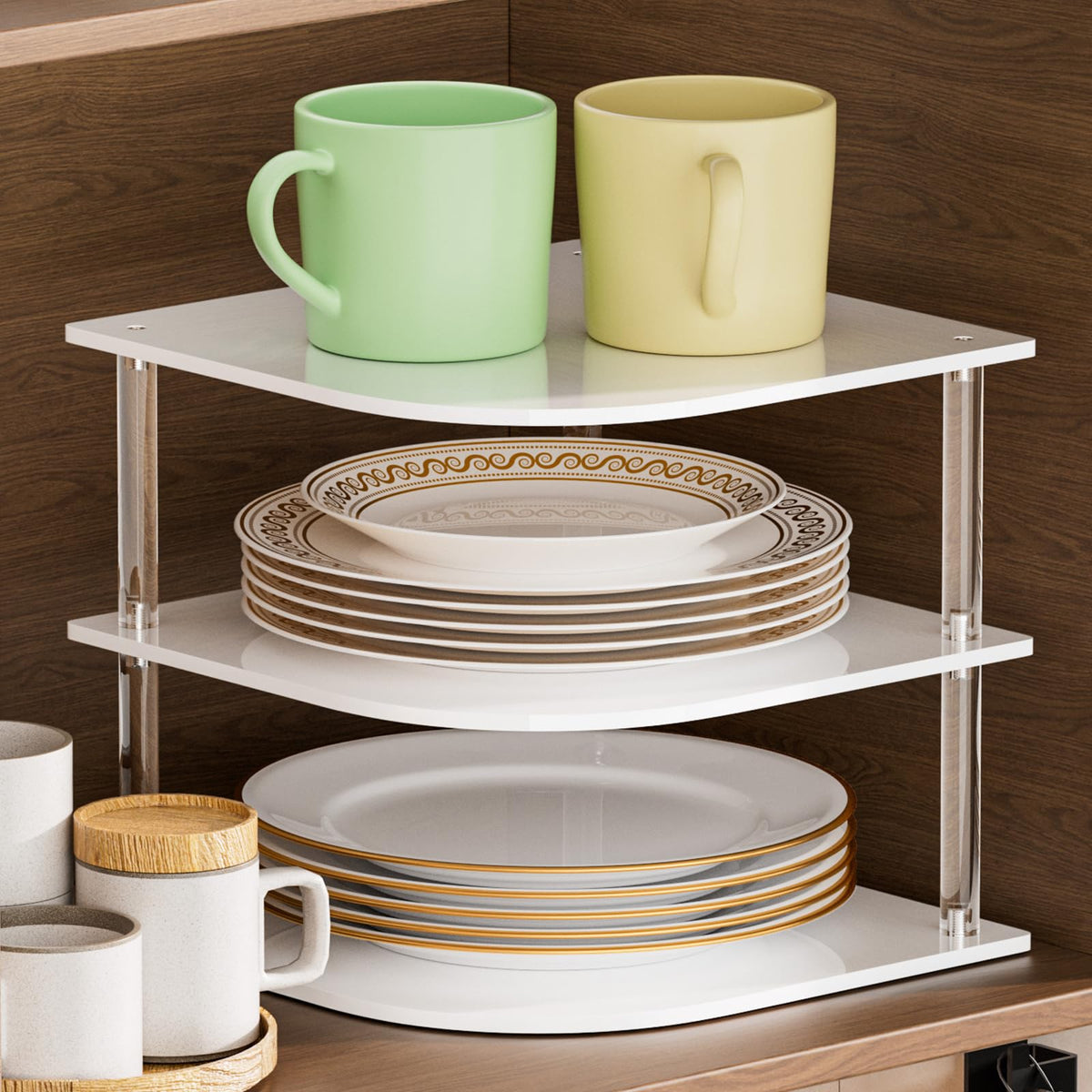 Plate Organizer for Cabinet Space Saver - Acrylic Corner Shelf - Image 1