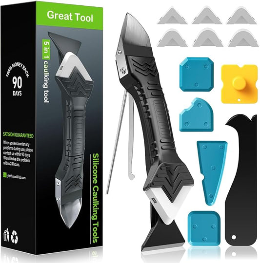 Silicone Caulking Tool, 5 in 1 Caulking Sealant Finishing Tool with Grout Scraper, 6 Exchange Silicone Pads, Adhesive Residue Scraper Seam Repair Kit for Kitchen Bathroom (White)