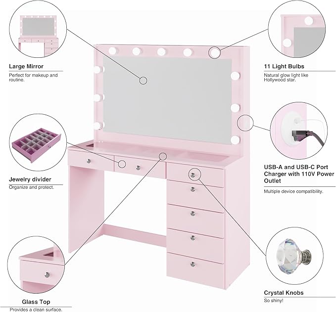 Boahaus Serena White Makeup Vanity with Mirror and 11 Lights, 7 Drawers, Glass Top, Crystal Knobs, USB-A & USB-C Ports, 110V Power Outlet, Bedroom Vanity Desk (Pink-1)