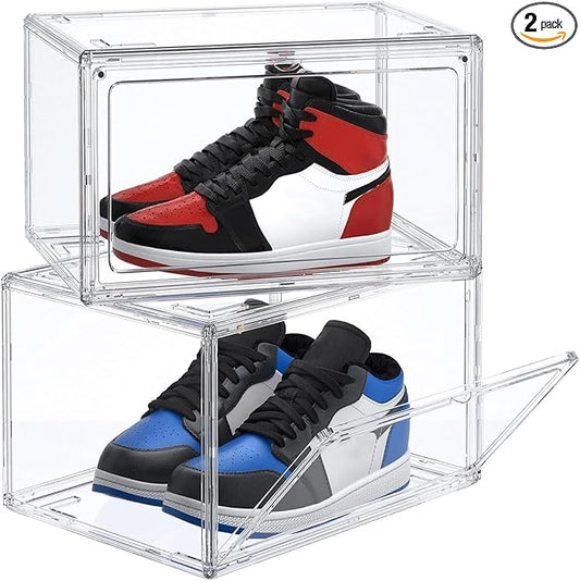 HIYOHIYO 2-Pack Acrylic Clear Stackable Shoe Boxes, 360 Clear Acrylic Display Shoes Boxes, Fully Transparent Display Box with Magnetic Door, Clear Shoe Storage Boxes Stackable, Size 14