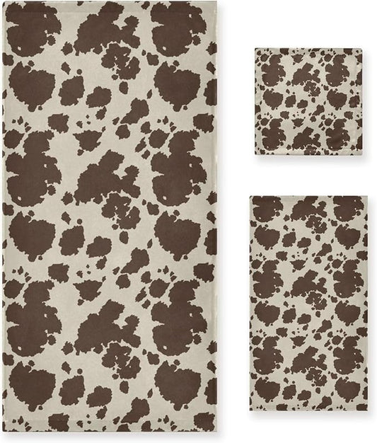 3 Piece Western Cow Print Bath Towels Set,Microfiber Absorbent Rustic Brown Farm Animal Cowhide Towels for Bathroom,1 Bath Towel,1 Hand Towel,1 Washcloth,Cow Gifts Decorative Bathroom Towels