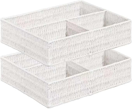 Vagusicc Wicker Divided Storage Basket, White Wicker Baskets, Basket for Shelves Drawer Organizing, 3 Section Rectangular Woven Storage Baskets, 2-Pack