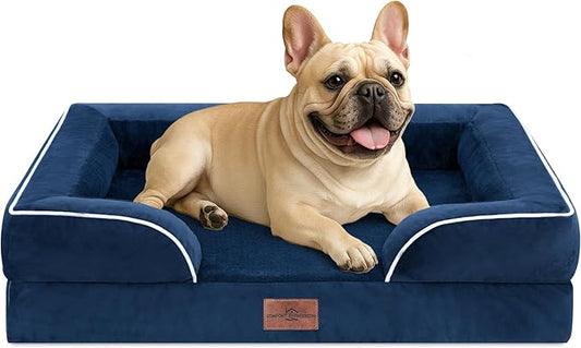 Comfort Expression Orthopedic Dog Bed for Medium Dogs 30x20 Inch, Waterproof Supportive Egg Crate Foam Medium Pet Bed with Removable Bolster, Dog Couch with Washable Cover & Non-Slip Bottom, Navy Blue