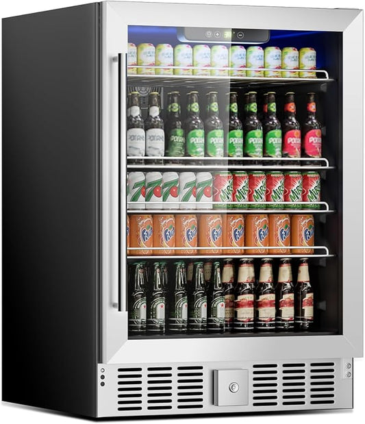 24 Inch Beverage Refrigerator, 182 Cans Built-in Cooler, Digital Temperature Control, LED Lighting, Adjustable Shelves, Freestanding Beer Fridge for Home, Bar, Office(5.3 Cu ft)