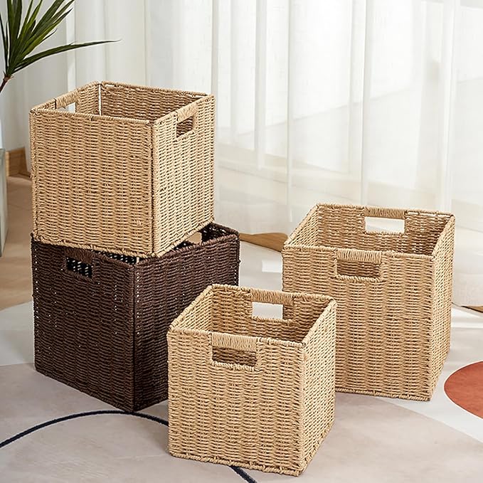 10.5x10.5in Storage Baskets Set of 3 Black Paper Rope Woven Baskets,Foldable Handwoven Storage Cubes,Wicker Cube Baskets Laundry Organizer Totes for Bathroom, Bedroom, Laundry, Pantry, Shelves