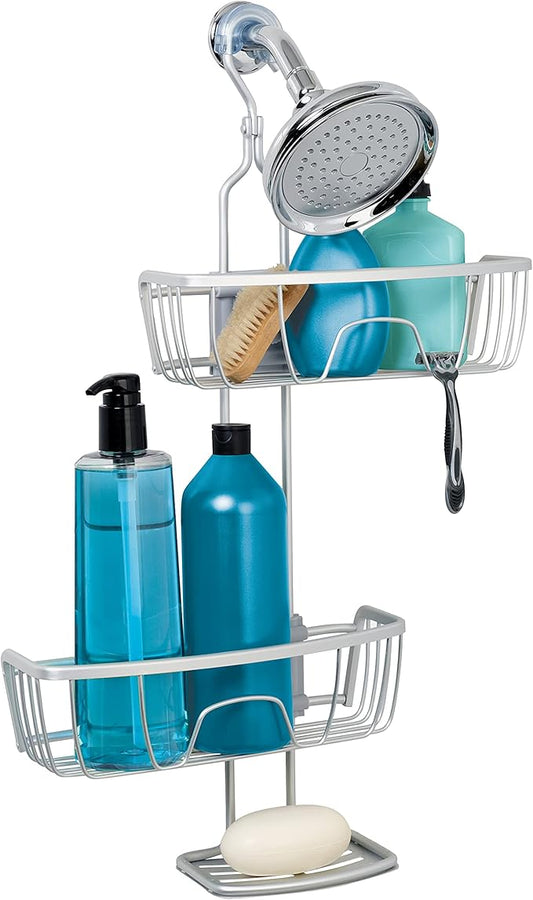 Zenna Home NeverRust Shower Caddy Hanging Bathroom Organizer, Aluminum Shower Rack with 2 Adjustable Shelves and Built in Hooks, Over Shower Head Storage System, Satin Chrome