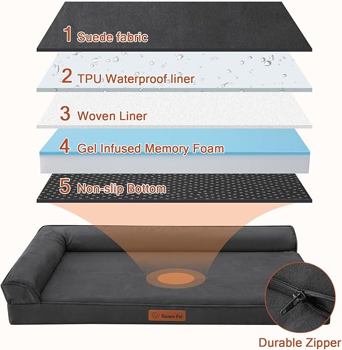 Orthopedic Dog Beds Large Sized Dog, Memory Foam Pet Bed for Large Dogs, Removable and Washable Microsuede Cover, TPU Waterproof Liner, Nonskid Bottom, 44x32x6 Inches, Dark Grey